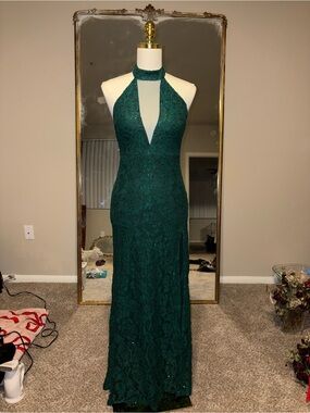Sequin Hearts Emerald Green Halter Lace Prom Gown